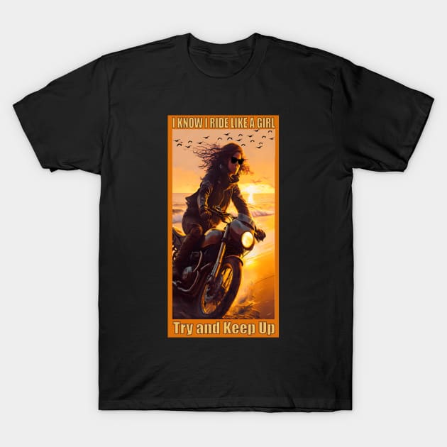 Girl on a Motorcycle by the Ocean T-Shirt by AtkissonDesign